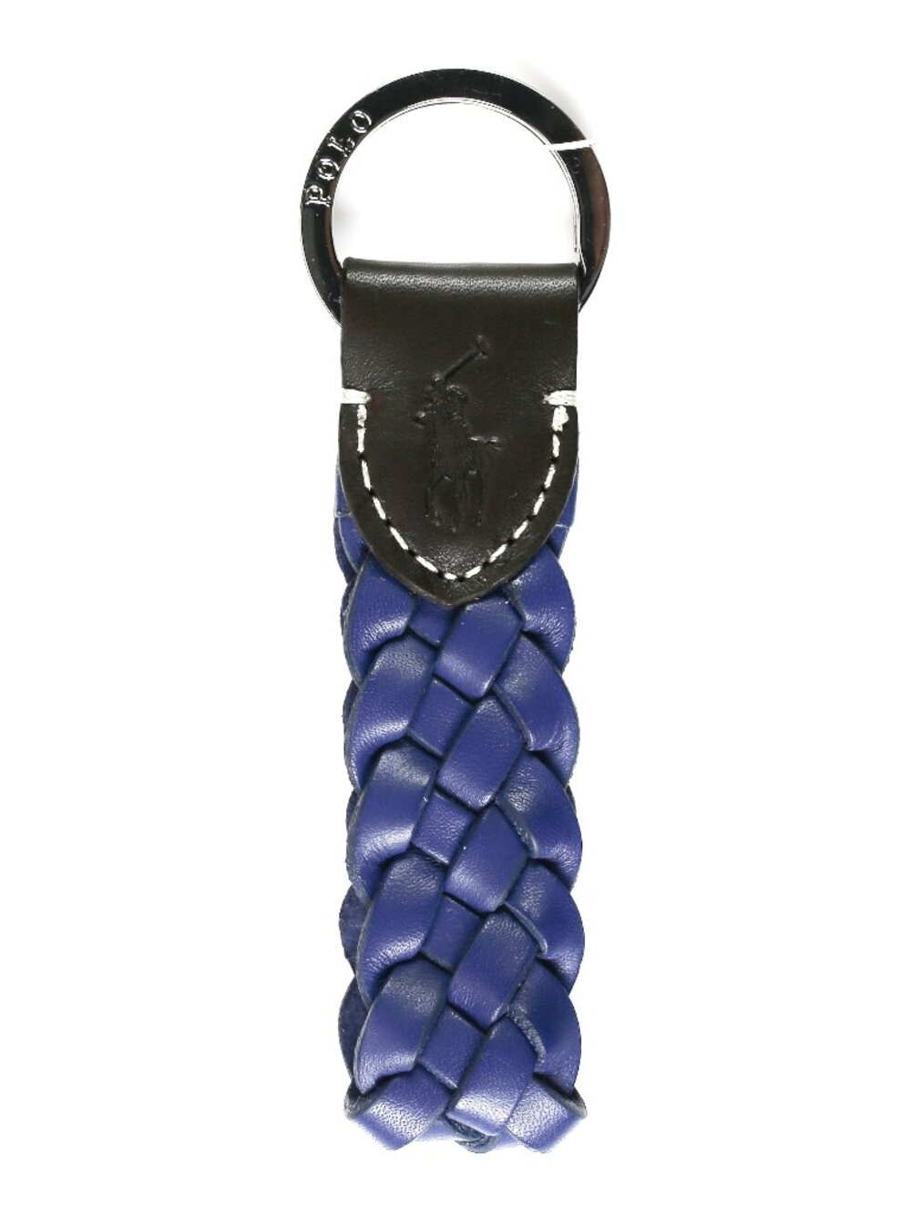 NWT Polo Ralph Lauren Braided Blue Leather Keychain Key Fob Silver Ring